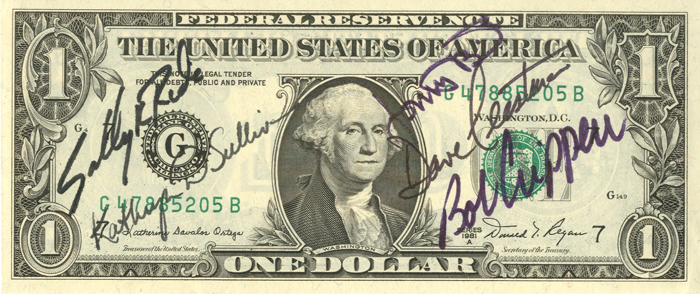 Astronaut Autographed One Dollar Bill - signed by Sally Ride and other Astronauts